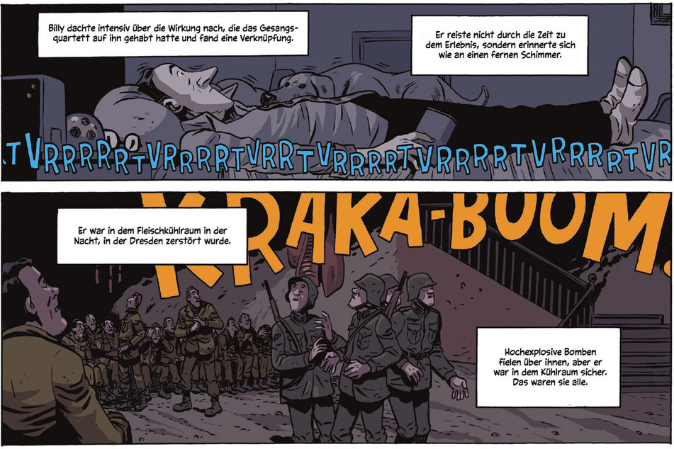 Eine Seite aus der Graphic Novel: Billy Pilgrim mit Hund auf seinem Bett, sich an den Bombenangriff auf Dresden und den Schlachthof erinnernd.