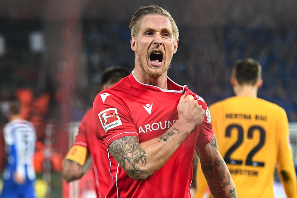 Union Berlins Sebastian Polter (30) freut sich im November 2019 über seinen Siegtreffer gegen Hertha BSC. Der Derby-Held hält eine Wachablösung in der Hauptstadt für möglich.