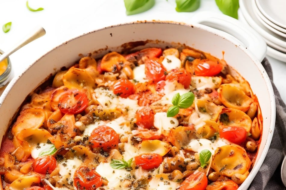 Mit einem vegetarischen Tortellini Auflauf mit Tomate und Mozzarella kann man nichts falsch machen.