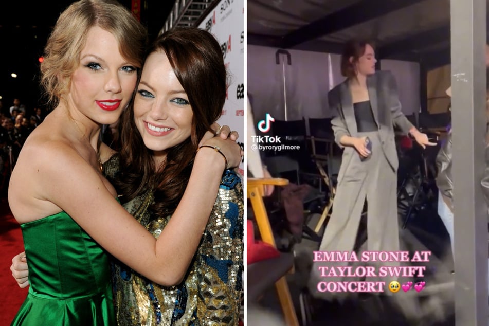Taylor Swift (l) received some audience support from actor and longtime friend Emma Stone.