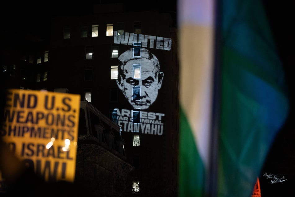 Demonstrators demand an end to US weapons shipments to Israel and the arrest of Israeli Prime Minister Benjamin Netanyahu during a protest near the White House on February 4, 2025.