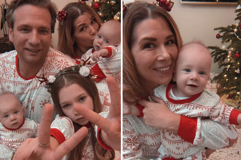 Tanja Szewczenko (44) veranstaltet mit ihrer Familie ein weihnachtliches Foto-Shooting. (Fotomontage)