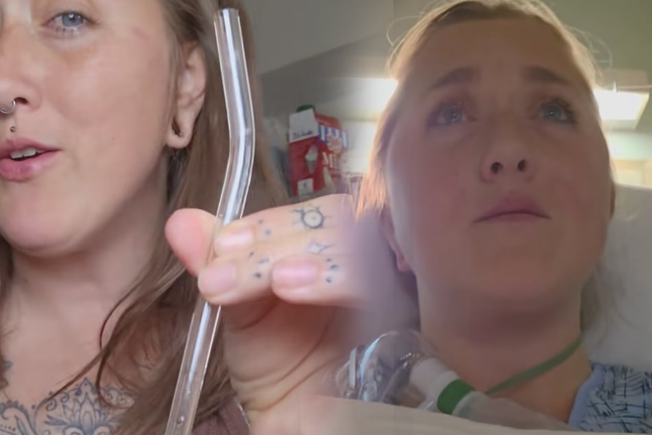 Frau trinkt mit Glas-Strohhalm - kurz darauf spuckt sie Blut