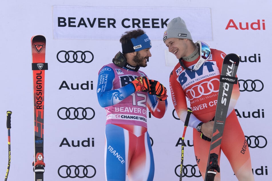 Marco Odermatt (27, r.) und Cyprien Sarrazin (30) Anfang Dezember auf dem Treppchen im US-amerikanischen Beaver Creek.