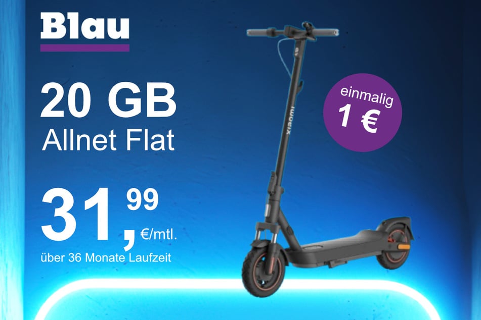 Der Xiaomi E-Scooter 5 Max im Blau Allnet M inkl. 20 GB für einmalig 1 Euro.