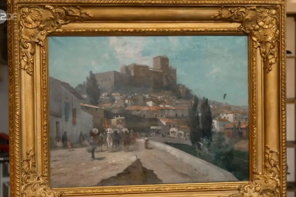 Das Gemälde zeigt eine Osterprozession in der spanischen Stadt Granada. Im Hintergrund ist die Alhambra abgebildet.