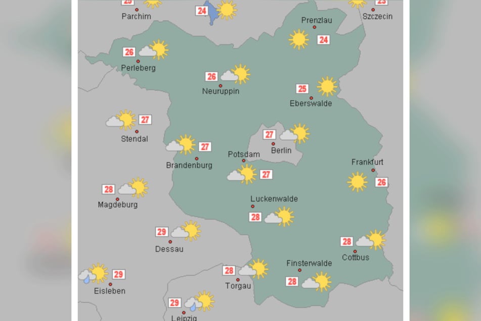Die Höchstwerte erreichen am Montag in der Hauptstadtregion bis zu 29 Grad.