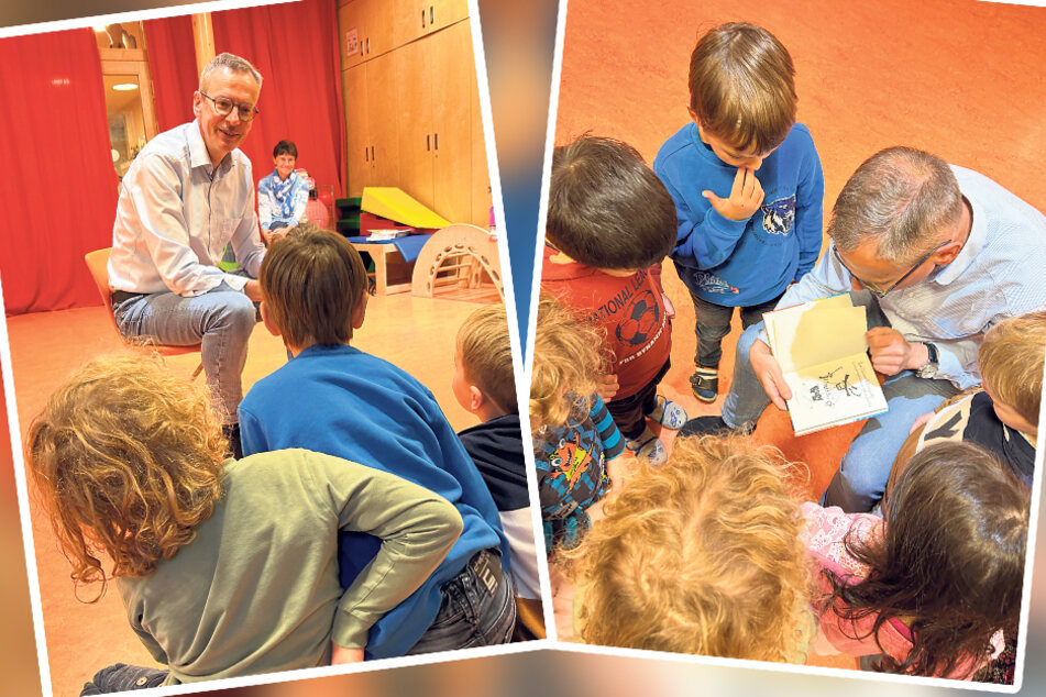 AOK-PLUS-Chef Rainer Striebel (60) zu Besuch in der Kita "Kleiner Globus". Der Geschichte vom "Räuber Hotzenplotz" lauschten die Kinder aufmerksam.