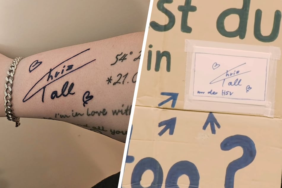 Tatsächlich hat sich die Zuschauerin einen Teil des Entwurfs (r.) auf ihre Haut (l.) tätowieren lassen.