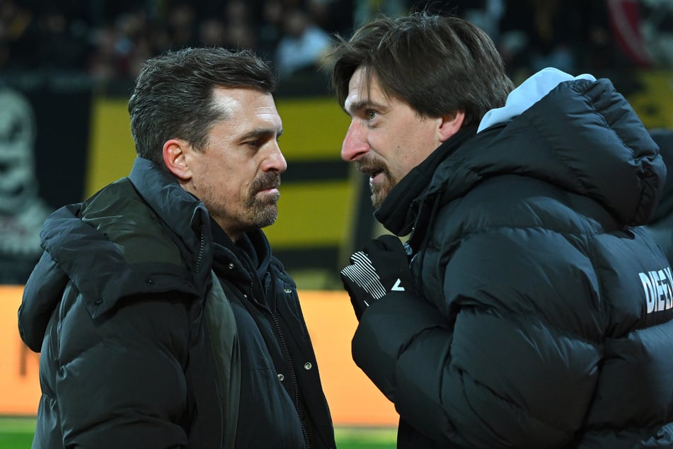 Elversberg-Coach Vincent Wagner (39, r.) hatte für die Leistung der Mannschaft seines Kollegen Thomas Stamm (42) nur lobende Worte übrig.