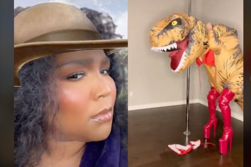 Lizzo is really taking in that T. rex getting dressed.