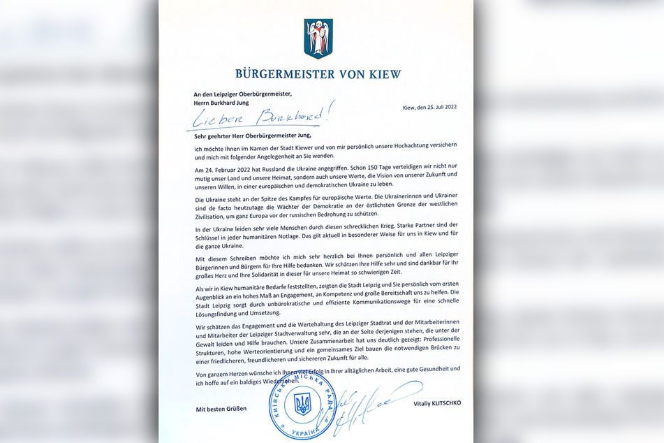Dieses Schreiben richtete Klitschko an die Leipziger Stadtverwaltung sowie die Bürgerinnen und Bürger.