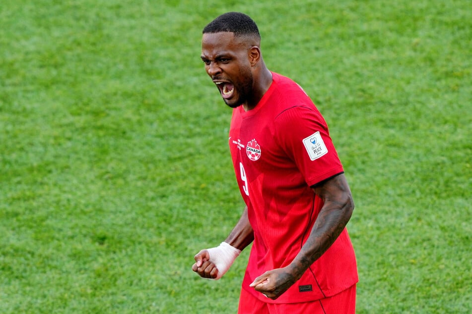Canada's Cyle Larin celebrates scoring their first World Cup goal against Bosnia and Herzegovina on June 12, 2026.