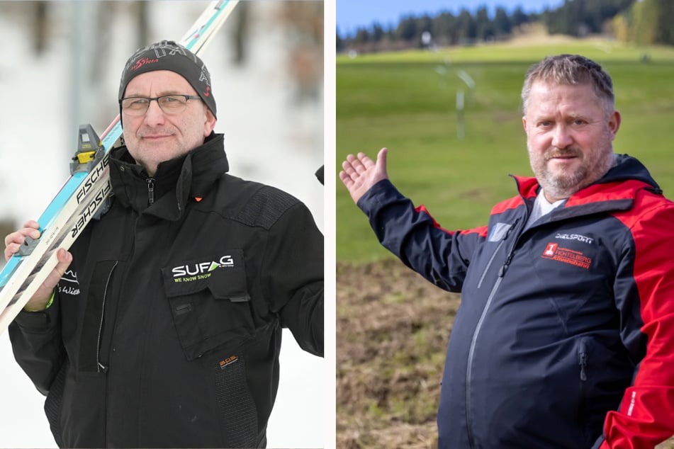 Jörg Hammer (57,l.) von "Rost's Wiesen" war vergangenen Winter wegen Corona alleine am Augustusburger Ski-Hang. Und René Lötzsch (49, r.), Chef der Fichtelberg-Schwebebahn, macht den Hang gerade fit für die Ski-Saison.