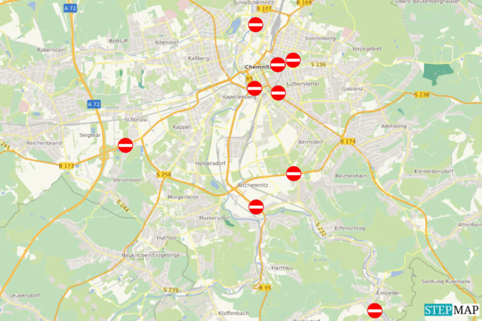 Von Einsiedel bis Augustusburger Straße: Überall wird derzeit gebaut, eine reibungslose Fahrt durch Chemnitz ist kaum noch möglich. Die Karte zeigt die heikelsten der insgesamt 52 Baustellen.