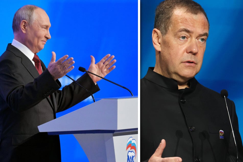 Sind siegessicher: Russlands Präsident Wladimir Putin (73, l.) und sein politischer Ziehsohn Dmitri Medwedew (60).