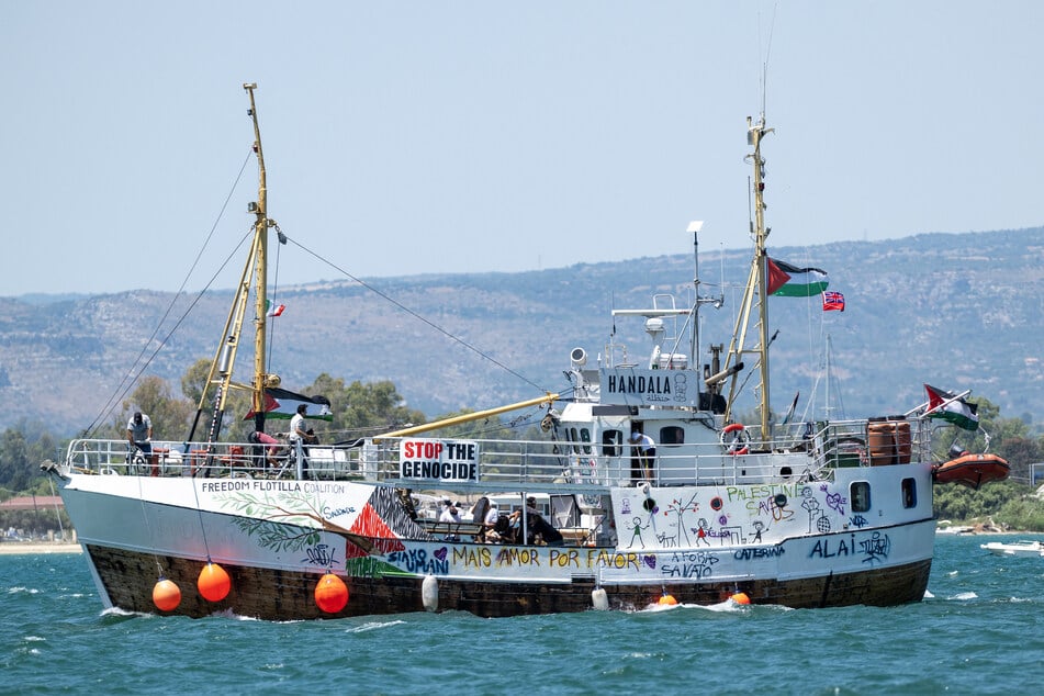 The Freedom Flotilla ship "Handala" is pictured as it leaves for Gaza at a port in Syracuse, Sicily, southern Italy, on July 13, 2025.