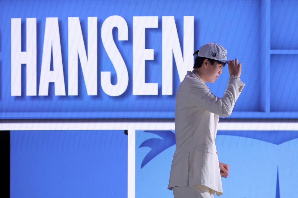 Yang Hansen is pictured after being selected as the 16th pick in the first round of the 2025 NBA Draft at Barclays Center.