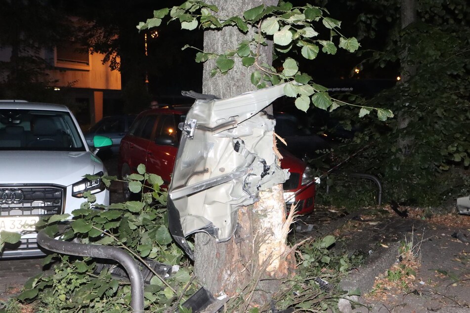 Die Tür des Range Rovers blieb nach dem Crash im Baum stecken.