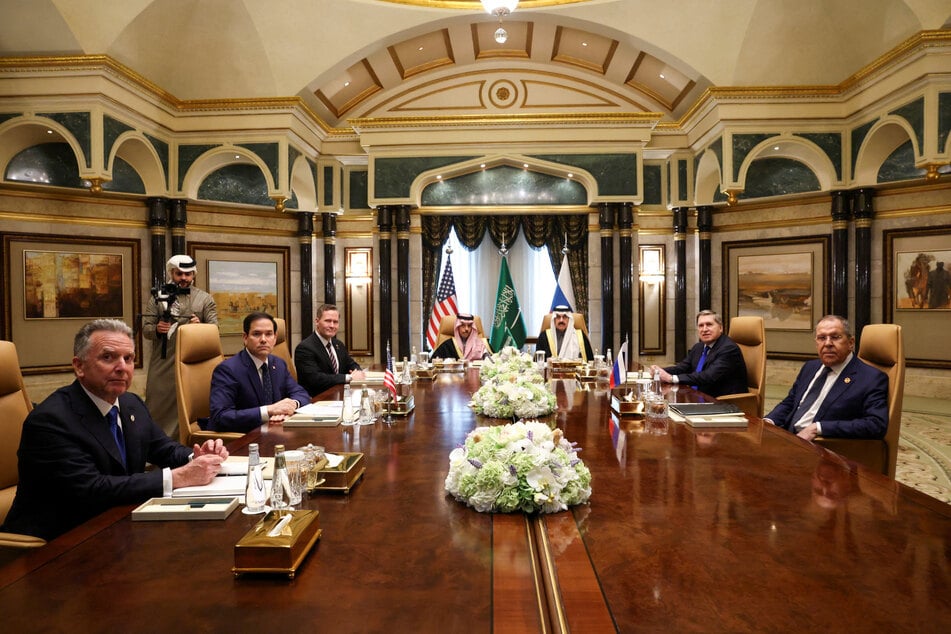 US Secretary of State Marco Rubio, US National Security Advisor Mike Waltz, US Middle East envoy Steve Witkoff, Saudi Foreign Minister Prince Faisal bin Farhan Al Saud, Saudi National Security Advisor Mosaad bin Mohammad Al-Aiban, Russian Foreign Minister Sergei Lavrov, and Russian President Vladimir Putin's foreign policy advisor Yuri Ushakov meet for talks at Diriyah Palace in Riyadh, Saudi Arabia, on February 18, 2025.