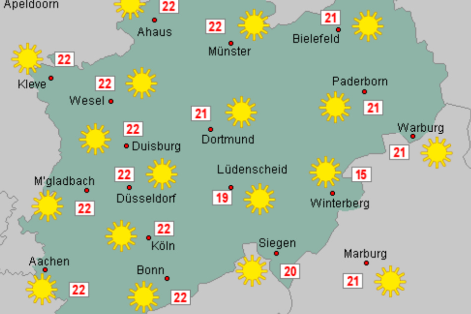 Überall in Nordrhein-Westfalen steht die Sonne am heutigen Montag an der Tagesordnung.