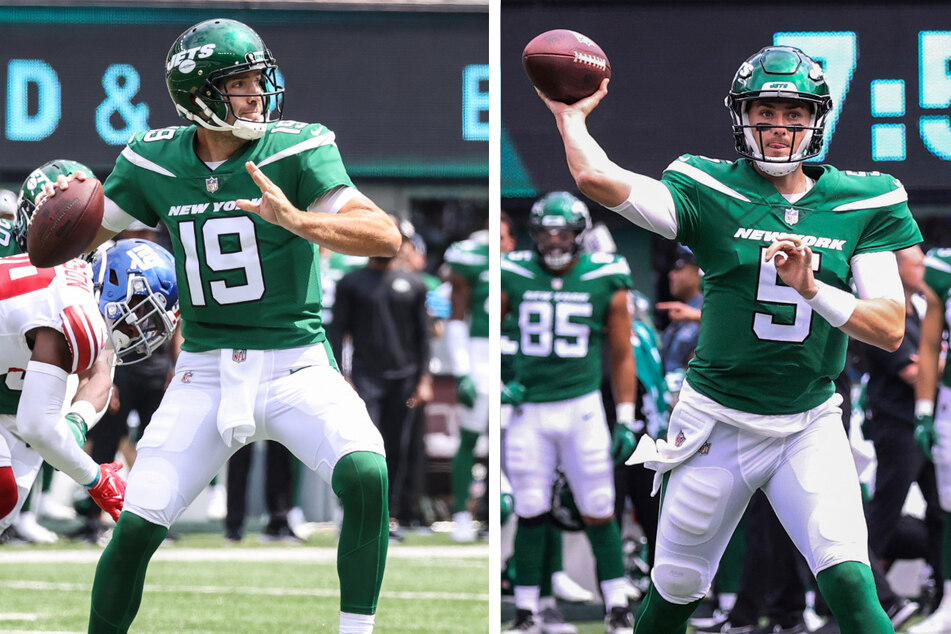 Joe Flacco (l.) has not won a single game where he's started for the New York Jets, prompting fans to call for his replacement by the team's No. 3 quarterback Mike White (r.) instead.