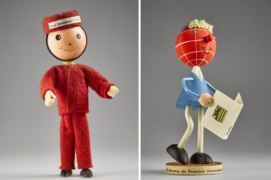 Der Hotelpage des Dresdner Hotels Gewandhaus (l.) ist von Kopf bis Fuß in Rot gekleidet. 1969 wurde die Figur des Druckhauses "Völkerfreundschaft" (r.) mit einer Banderole zum 20. Jahrestag der DDR versehen.