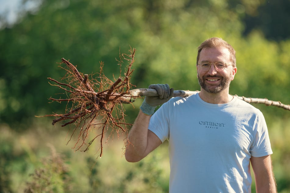 Ostmost-Sprecher Lukas Küttner (41) freut sich, mit der Pflanzaktion einen Beitrag zur Vielfalt auf der Dresdner Streuobstwiese geleistet zu haben.