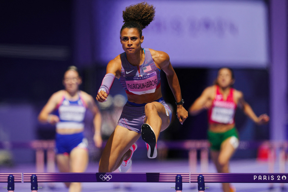 Sydney McLaughlin-Levrone in action during heat 5 of round 1 of the women's 400m hurdles at the Paris Olympics.