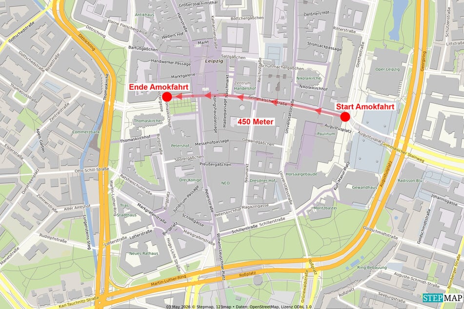 Die Amokfahrt führte vom östlichen Rand der Grimmaischen Straße bis hin zur Thomaskirche auf der westlichen Seite.