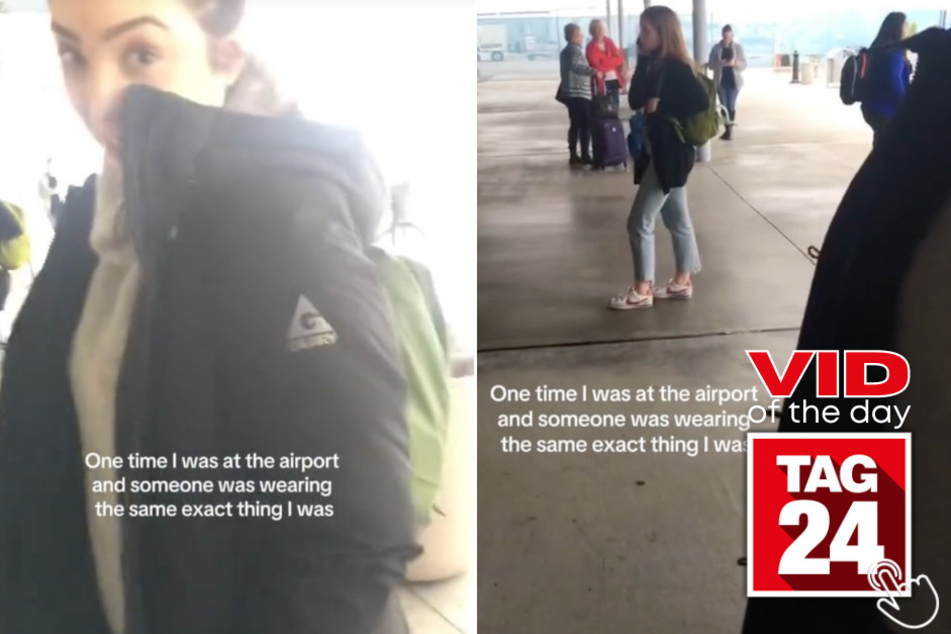 In today's Viral Video of the Day, a woman finds another wearing the same exact outfit at an airport - down to the same color sneakers and backpack!