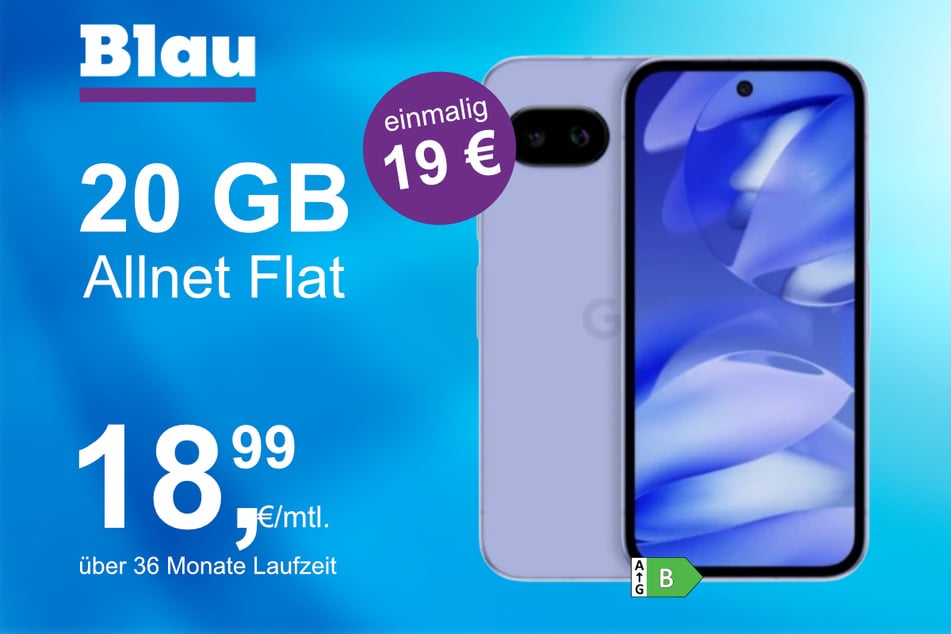 Das Google Pixel 9a im Blau Allnet M für einmalig 19 Euro.
