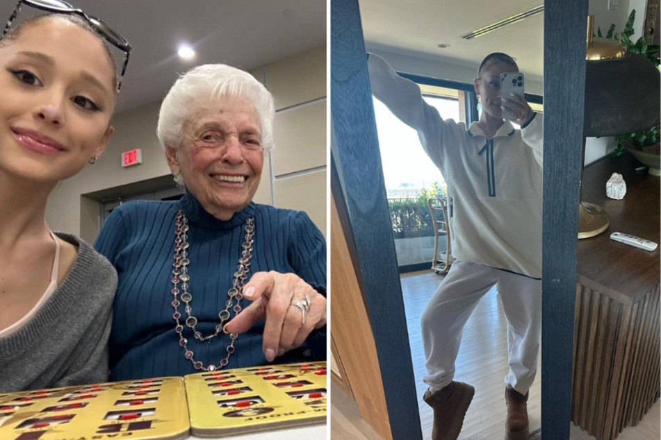 Ariana Grande (l.) posed with her grandmother, Marjorie M. Grande, while playing Bingo, and slayed in a mirror pic while wearing a comfy quarter zip jacket and sweatpants.