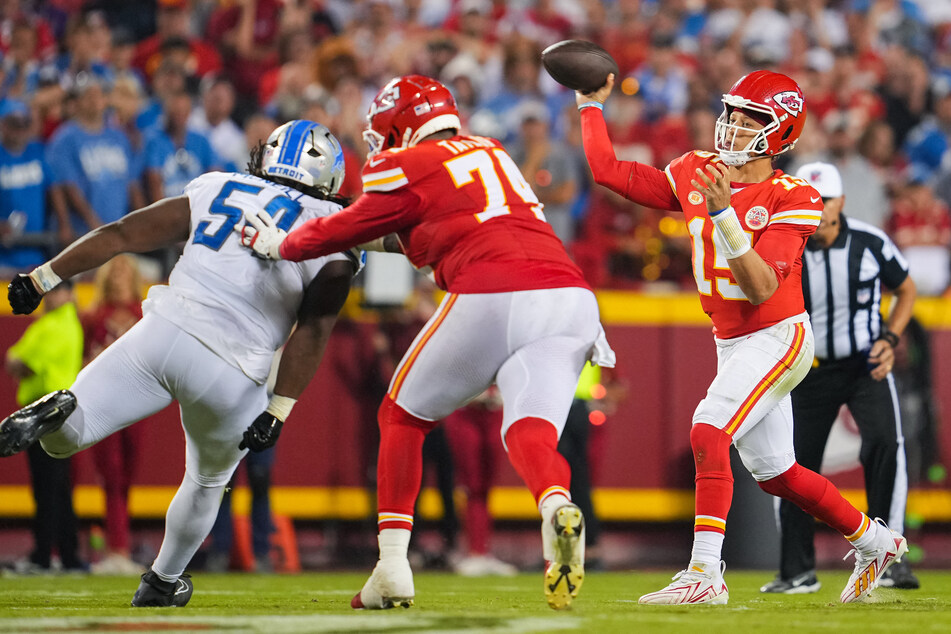 Kansas City Chiefs quarterback Patrick Mahomes throws a pass against Detroit Lions defensive tackle Alim McNeill during the second half at GEHA Field at Arrowhead Stadium.