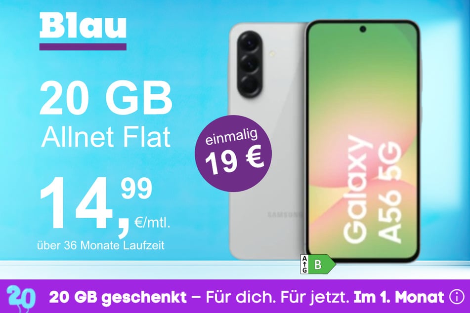 Das Samsung Galaxy A56 5G im Blau Allnet M für einmalig 19 Euro.