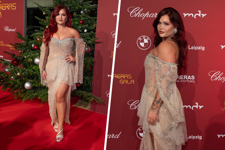 Influencerin Sophia Thiel trug ein nudefarbenes Kleid von Designerin Jasmin Erbas.