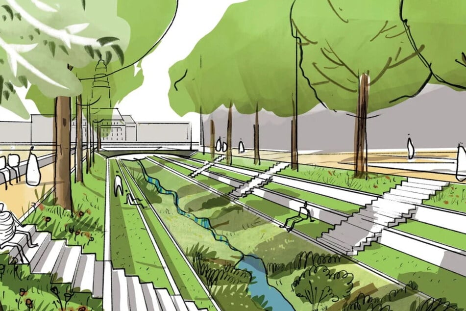 Ein Blick in die begrünte Zukunft: Wo gestern noch Betonfläche vor der Robotron-Kantine war, soll der freigelegte Kaitzbach fließen.