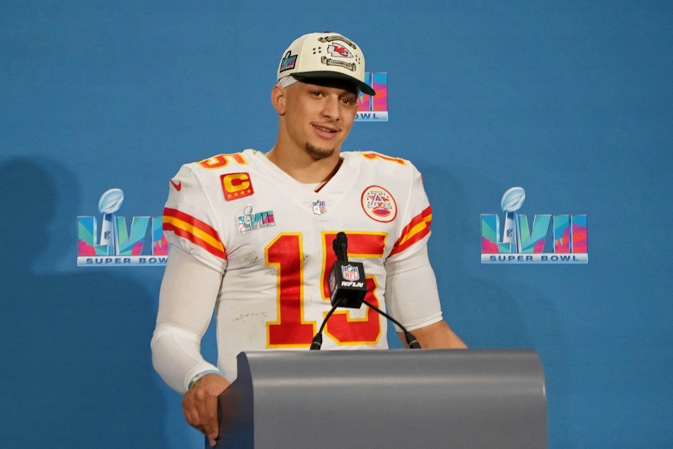 Kansas City Chiefs quarterback Patrick Mahomes talks to the media during a press conference after winning Super Bowl LVII against the Philadelphia Eagles.