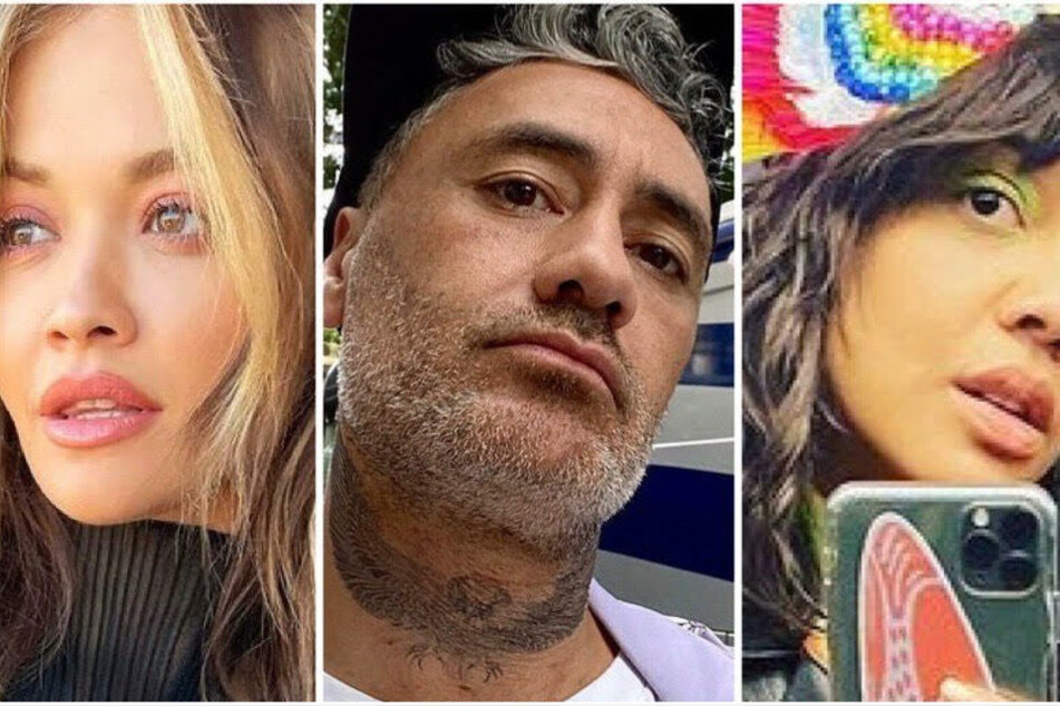 Taika Waititi (m.) was photographed getting cozy with his rumored girlfriend, Rita Ora (l.) and Tessa Thompson (r.).