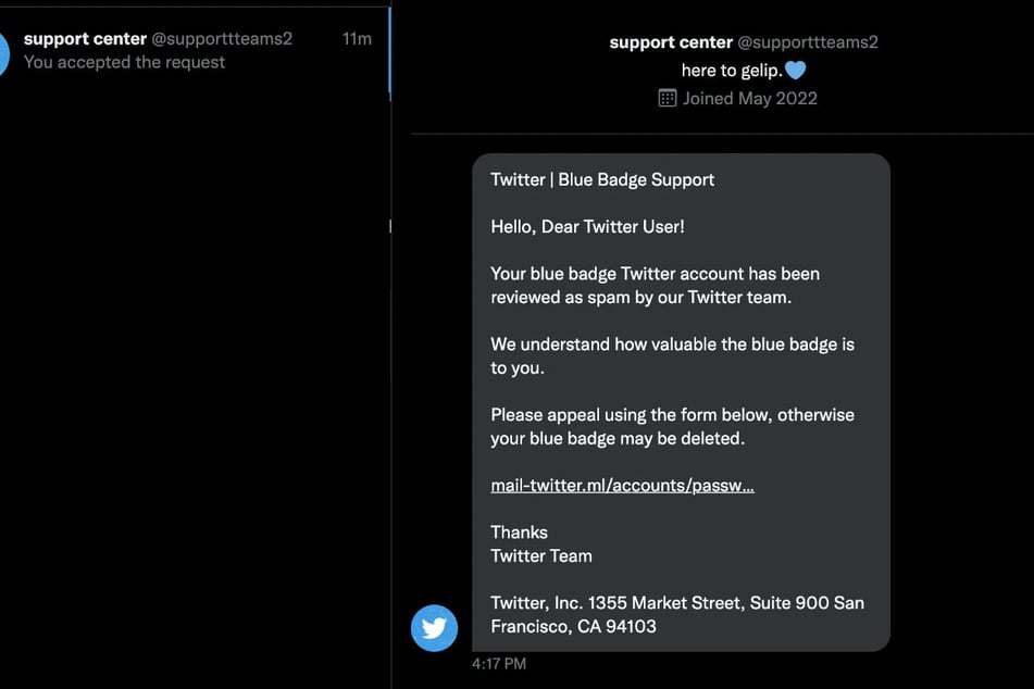 A phishing attempt from a fake Twitter support center account.