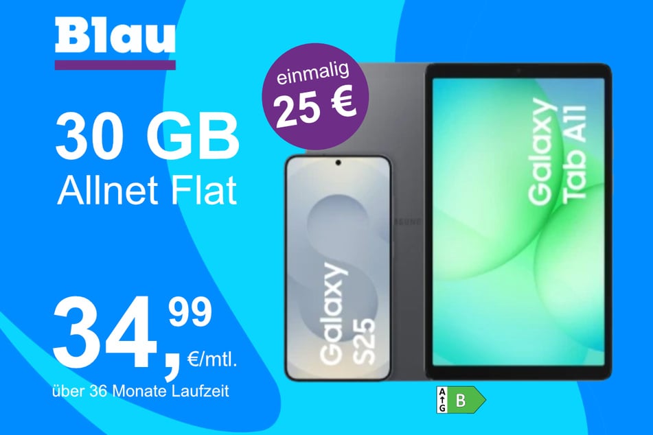 Das Samsung Galaxy S25 mit gratis Tab A11 im Blau Allnet L für einmalig 25 Euro.