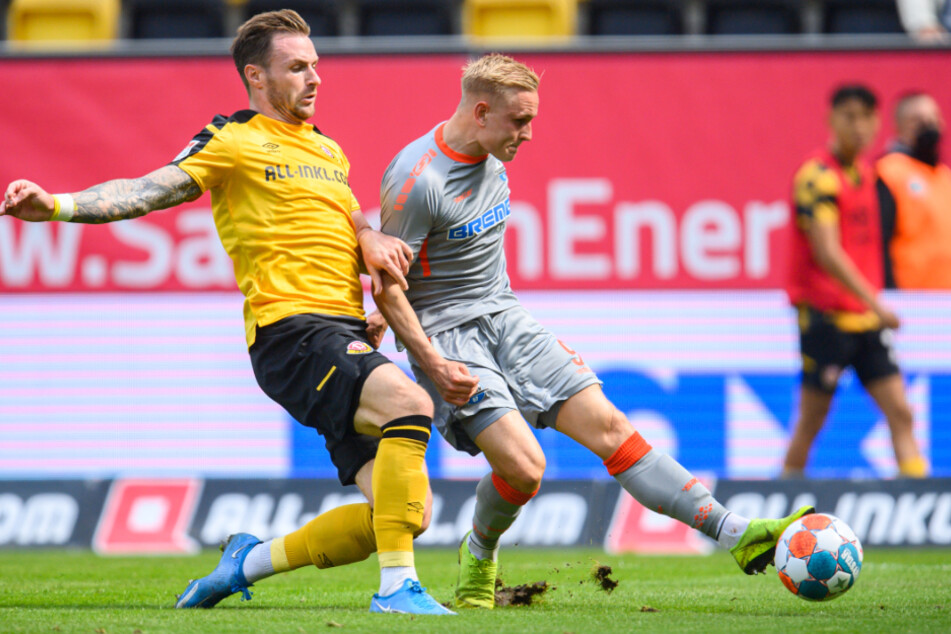 Kai Pröger (31, r.) erzielte in der Abstiegssaison einen Doppelpack gegen Dynamo. Michael Sollbauer (33) kam zu spät.