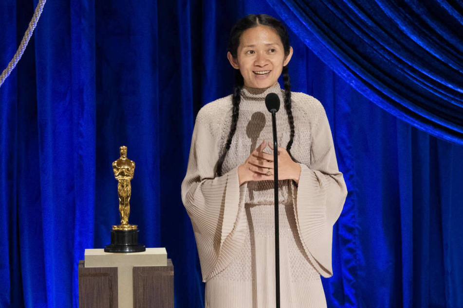 Chloe Zhao (39), director, with the Oscar for best picture for Nomadland in the press room at the Oscars in Union Station.