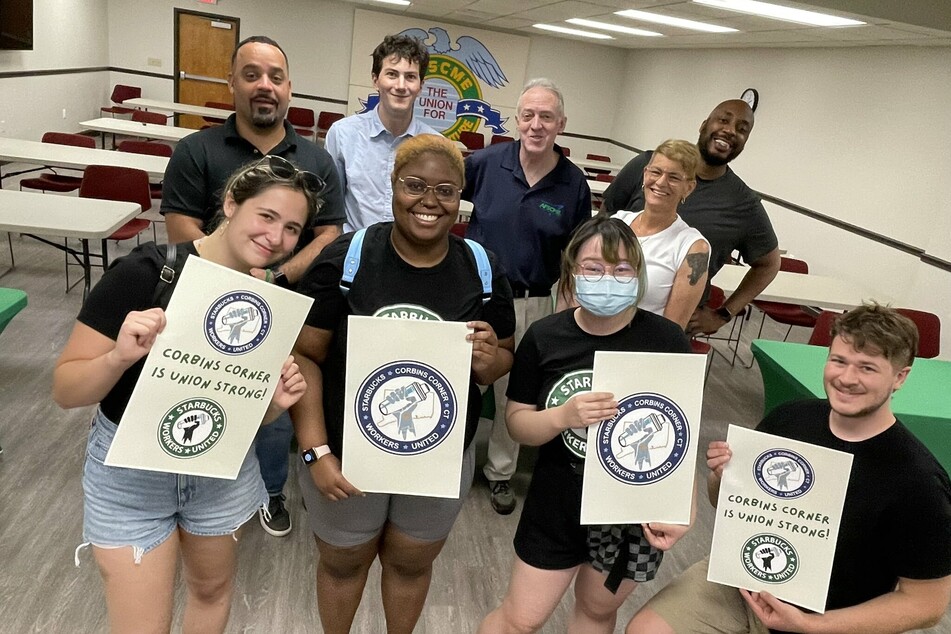 Starbucks workers at the Corbin's Corner location in Connecticut celebrate their union win.