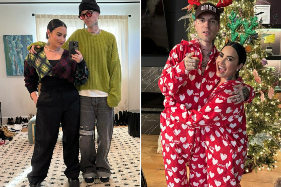 Demi Lovato (l) and fiancé Jordan "Jutes" Lutes spent the Christmas holiday together and cuddled up under the Christmas tree!