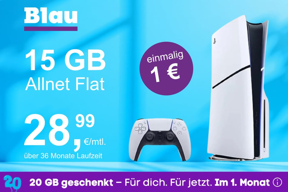 Die PS5 Digital Slim Edition im Blau Allnet M inkl. 15 GB für einmalig nur 1 Euro.