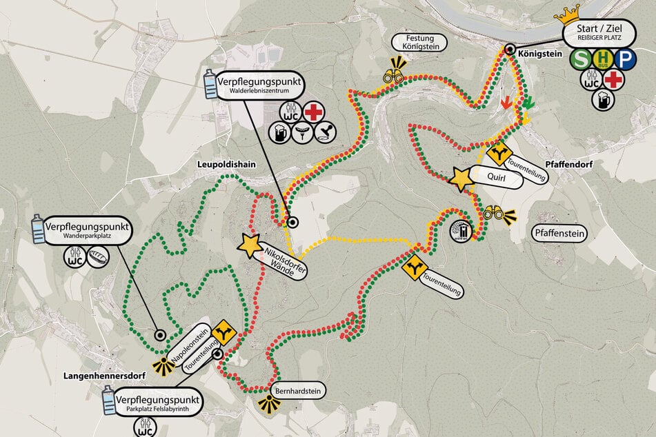 Die Karte zeigt alle drei Wanderrouten von 12 bis 24 Kilometer.