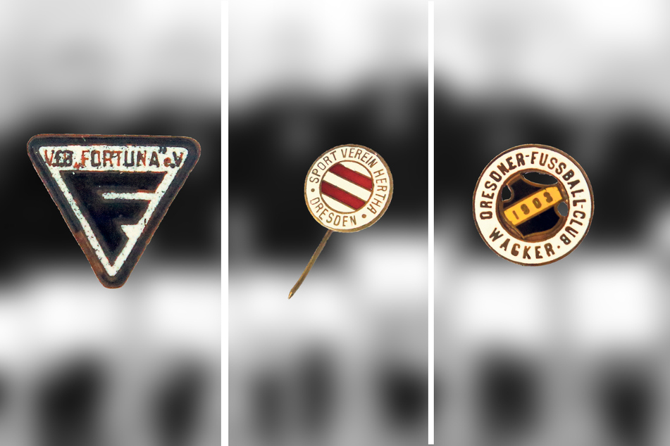 Über Wappen und Farben verschafften sich die Vereine eine eigene Identität, so wie hier Fortuna, Hertha und Wacker. Namen, die man heute eigentlich nicht mehr mit Dresdner Clubs verbindet.
