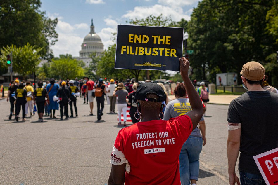 Voting rights activists marched on the US Capitol earlier in August to demand an end to the filibuster, among other measures.