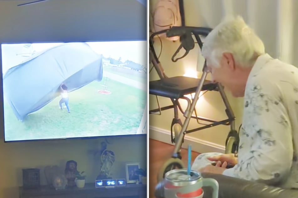 Einer Frau fliegt das übergroße Zelt weg. Betty (79) kann sich über diesen TV-Ausschnitt köstlich amüsieren.